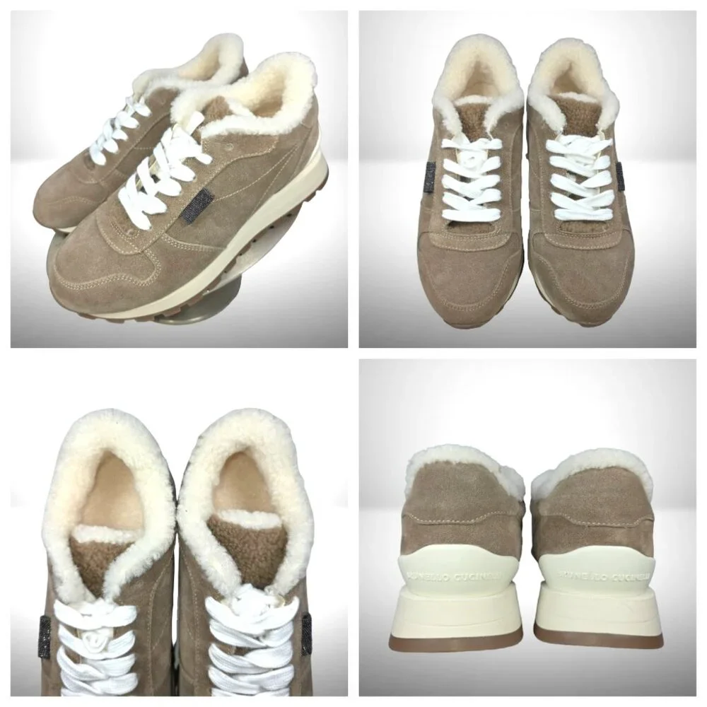 Brunello Cucinelli Shearling-Lined Nubuck Sneakers – Size 38 (Color: Elefante) - Picture 1 of 11